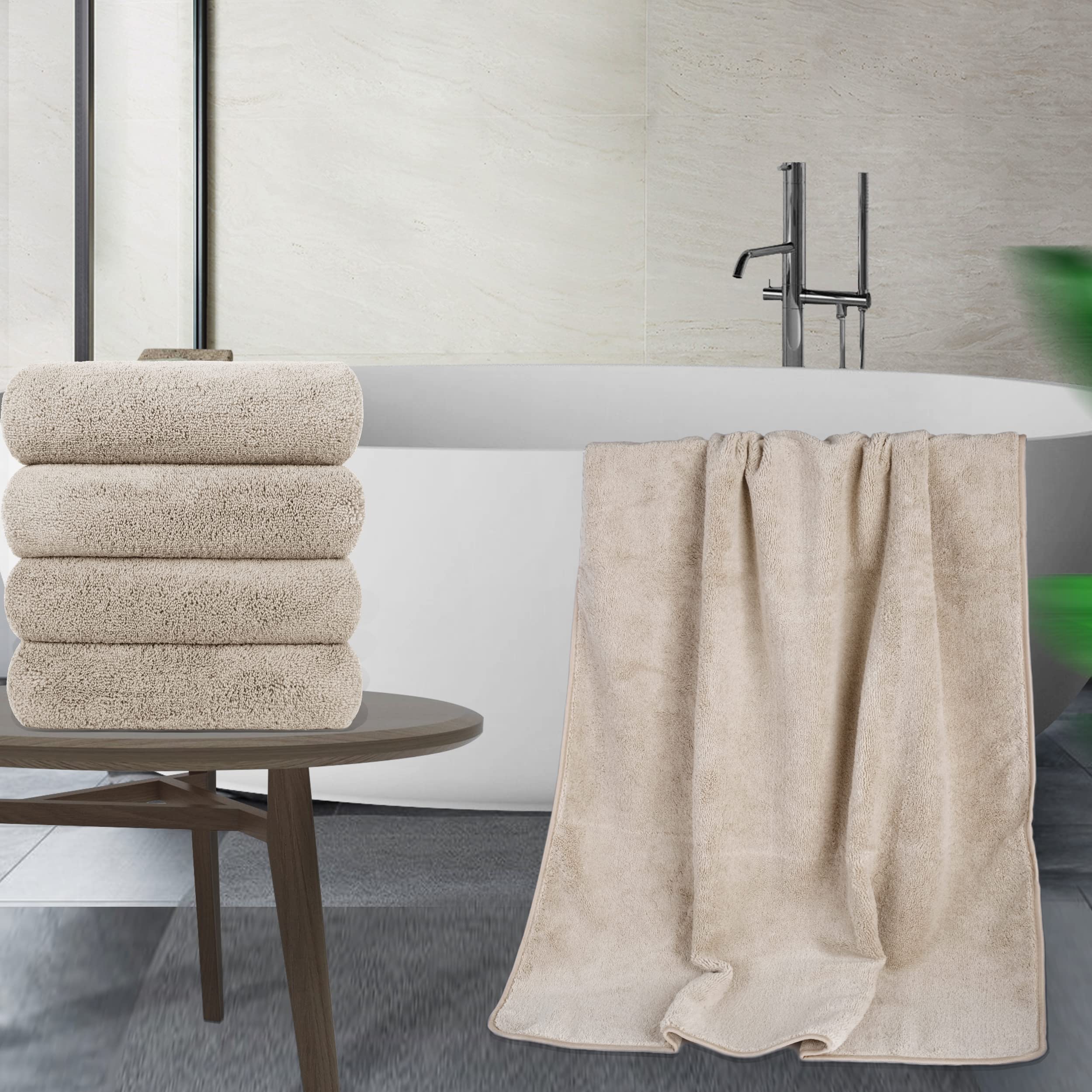 POLYTE Microfiber Quick Dry Lint Free Bath Towel, 57 x 30 in, Pack of 4 (Beige) - Image 5